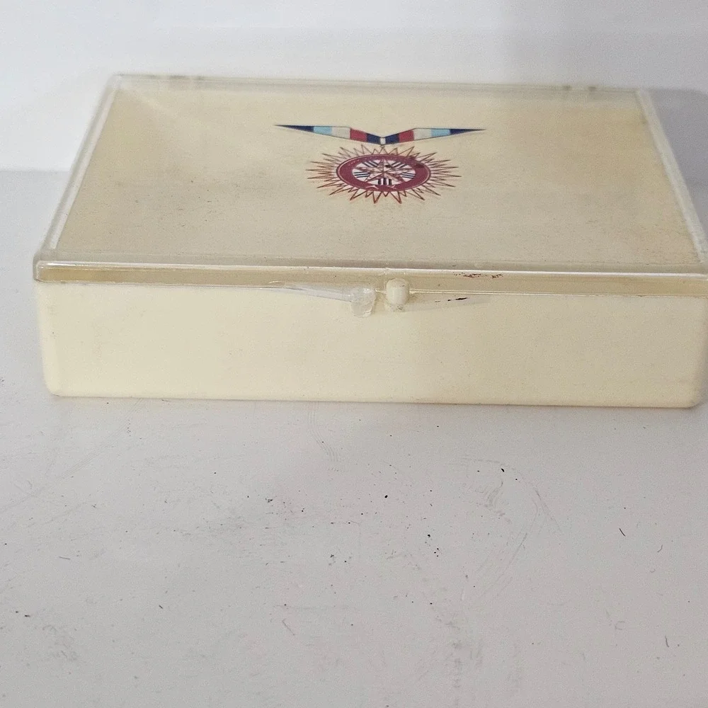 Vintage Plastic Storage Box with Medal Emblem Clear Lid Cream Base Small Case